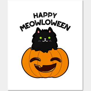 Meowloween Cute Halloween Cat Pumpkin Pun Posters and Art